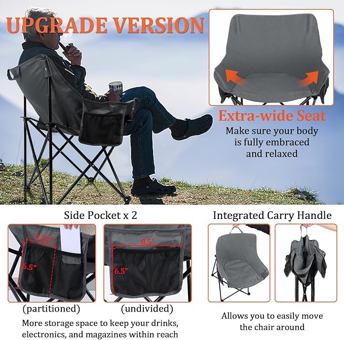 Joyfair Outdoor Camping Chair for Adult, Large Portable Folding Moon Chairs with Carry Bag for Patio Beach, Fishing, Lawn and More Outdoor Sports, 600D Oxford Fabric & Heavy Duty Steel (1, Grey)