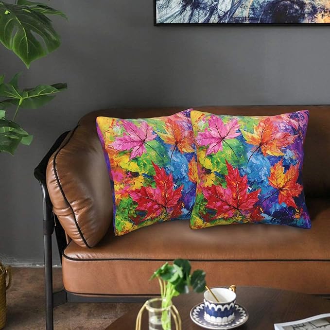 Colorful Maple Leaf Throw Pillow Covers 18x18 inch Set of 2 Autumn Pillow Case Cushion Cover for Home Sofa Couch Living Room Car Decor