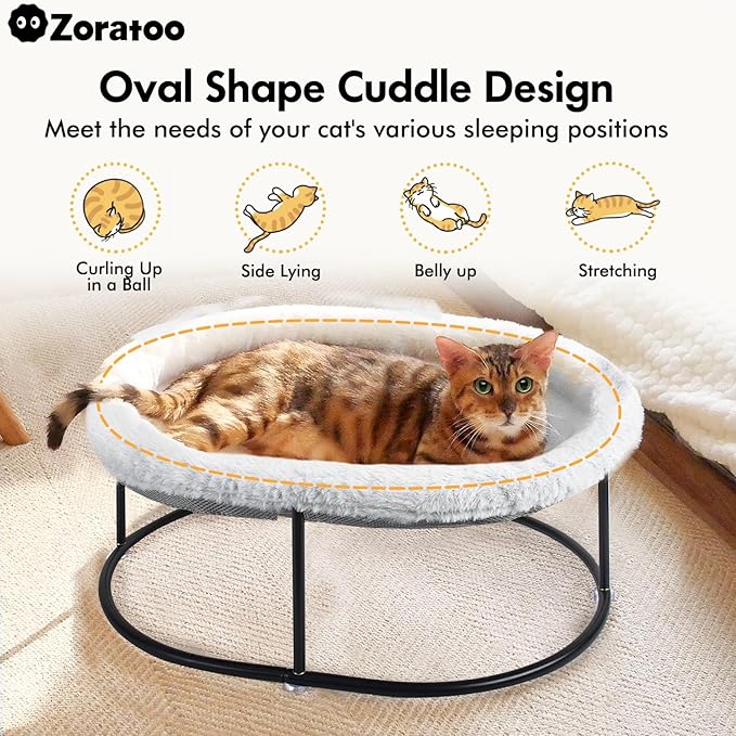 Zoratoo Elevated Cat Hammock Bed for Indoor Cats, Fluffy Warm Cuddle Cats Bed with Detachable Pad Bed Cover, Portable Pet Bed Raised Cuddler for Sleeping Kittens, Small Dog, Oval Cat Hammock Grey