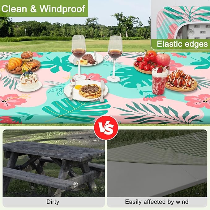 Picnic Table Cover with Bench Covers Portable Table Cloth Built-in Storage Pocket Fitted Tablecloth with Elastic Edges Waterproof Camping Essentials for Indoor Outdoor Rv,72in,Teal Pink