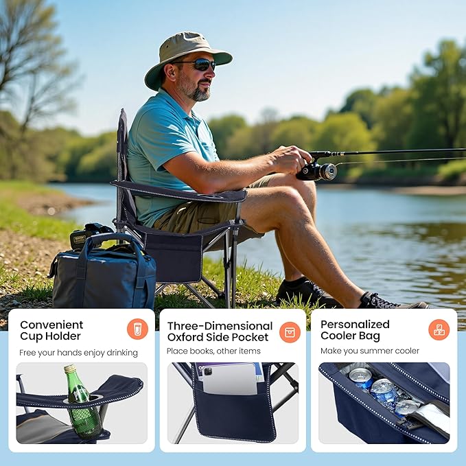 HIGH POINT SPORTS Oversized Portable Folding Camping Chair, Blue, 450 LBS Support, Sports Lawn Chair with Cup Holder and Cooler Bag