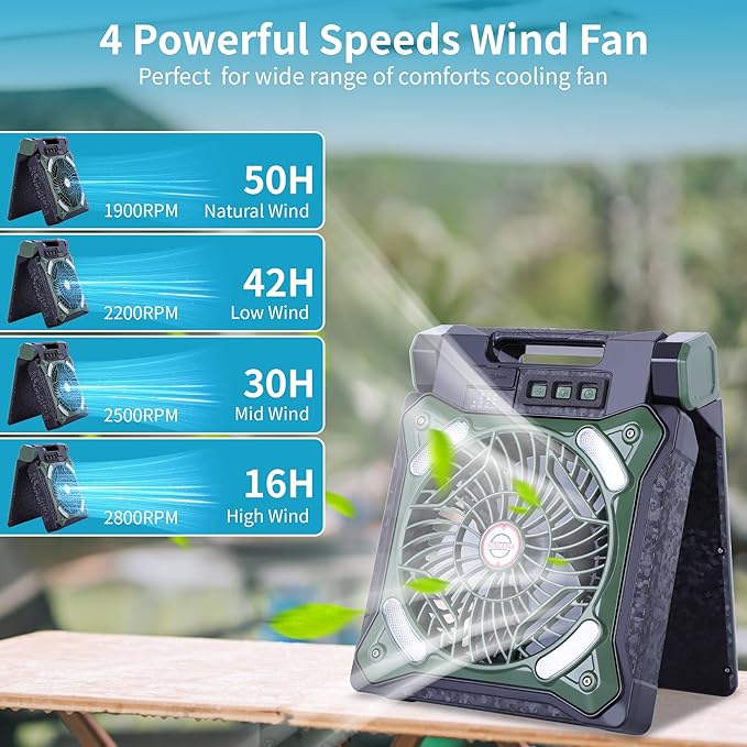 WESTTREE Solar Fan Battery Powered Rechargeable Solar Camping Fan with Led Lantern & Power Bank Foldable Angle USB Personal Fans for Travel Outdoor Camping Tents X98 Green