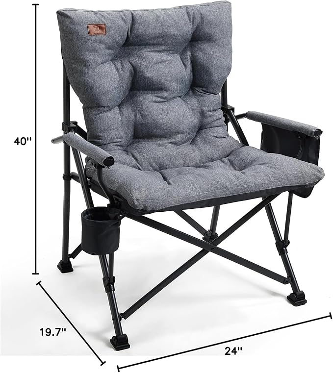EVER ADVANCED Padded Oversized Folding Camping Chair for Adults, Heavy Duty Lawn Chair with Side Pockets, Portable Collapsible Quad Chair for Outside, Support Up to 500lbs, Grey