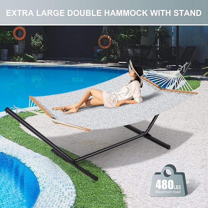Homgava Two Person Hammock with Stand for Outside Heavy Duty, Outdoor Patio Hammock with Portable Steel Stand, Large Double Hammocks with Quick Dry Textilene Fabric,480lbs Capacity.(Grey White)