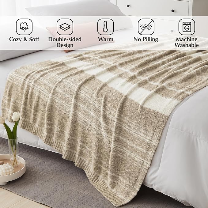 WRENGONGE Khaki Throw Blanket, 50x70 Soft Cozy Striped Throw Blankets for Couch, Sofa, Bed, Travel, Lightweight Fluffy Warm Plush Decorative Blankets for Women, Men Gift