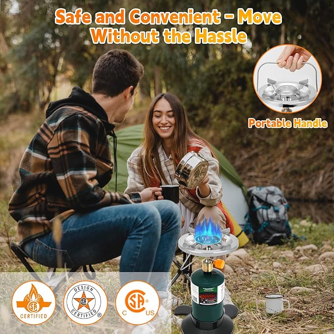 Camping Stove Propane, Portable Backpacking Cooker with Single Burner, Adjustable Flame, Foldable Base, Camp Stove Kit for Outdoor Cooking, Hiking, Emergency Essential (Fuel not Included)