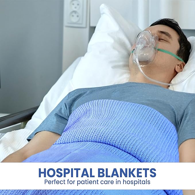 Linteum Textile Supply Blue Hospital Thermal Blanket 66x90 Inch 100% Cotton, Soft and Cozy, Breathable, Open-Cell Weave Design, All Season Twin Hospital Blanket (12-Pack)