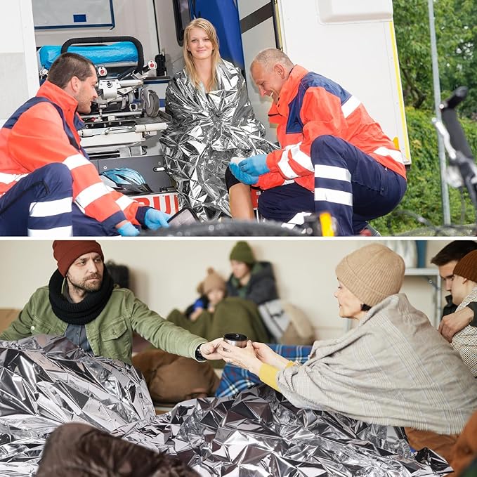 Kanayu 150 Pack 3 Size Safe Emergency Blankets Thermal Survival Space Blanket Large Silver Foil Emergency Gear for Outdoors Hiking Survival Marathons Retain Body Heat