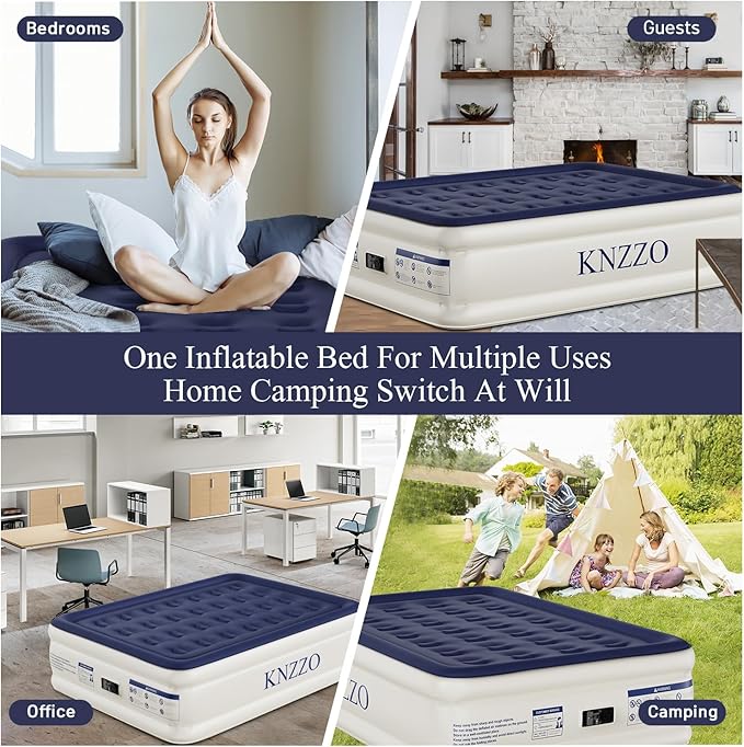 KNZZO Air Mattress Full with Built-in Pump, Blow Up Mattress with Soft Flocked Top, Leakproof Inflatable Mattress, Foldable Waterproof Air Bed for Home, Guests, Camping, with Storage Bag