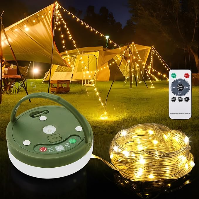 Anpro Camping String Lights 4 in 1: 32.8 Ft String with Warm White 130 LEDs, USB Rechargeable with Remote Control, Adjustable Brightness, 6 Light Modes, Portable IP65 Camping Light for Outdoor