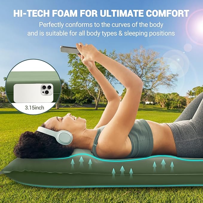 Elegear CumbreX™ Self Inflating Sleeping Pad, Built-in Electric Pump 3.15" Ultra-Thick Memory Foam Camping Mattress Pad with Pillow Double Sleeping Pad for Camping R-Value 9.5 Foam Camp Pad - Full