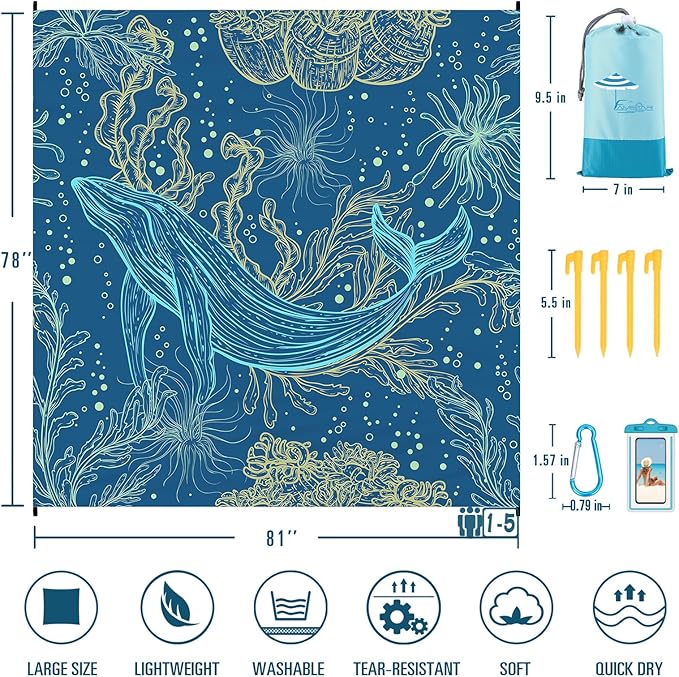 Famstar Beach Blanket Sandproof Waterproof 78''81'' 1-5 Adults Oversized, Compact Lightweight Durable 210T Polyester Beach Mat for Travel Camping Hiking Picnic