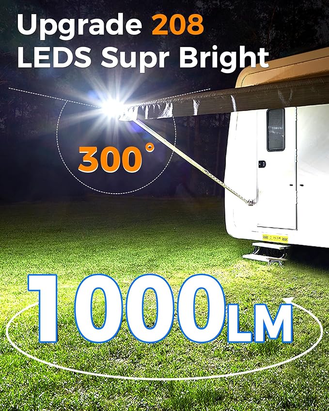 208LED High Bright Solar RV Lights Exterior, Clip on Solar RV Porch Light, 6000 mAh Camper Lights for Outside with Remote Control, Camping Light Outdoor Waterproof Motion Sensor for Camper Awning
