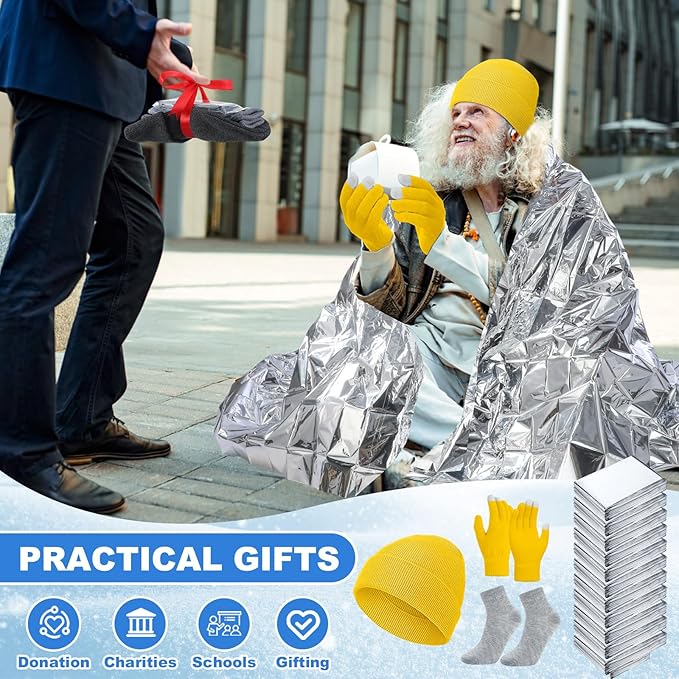 400 Pcs Thermal Blankets Winter Warmth Set Bulk, Warm Socks Winter Touchscreen Gloves Beanie Hats Emergency Foil Blankets (Vibrant)