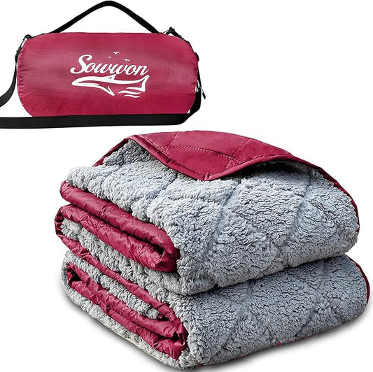 Waterproof Outdoor Blanket 82”X 55” Packable, Stadium Blankets for Camping with Sherpa Fleece Lining, Large Windproof Emergency Throw Mat for Garss Picnic Hiking Road Trip, Machine Washable, Wine