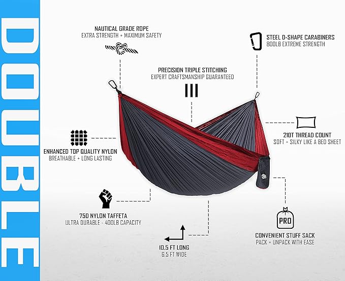 Pro Venture Camping Hammock 500 lb Capacity – Portable Double Hammock with Tree-Friendly Straps and Carabiners, Lightweight for Backpacking, Hiking, Travel, Beach, Backyard