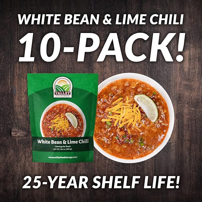 Valley Food Storage White Bean & Lime Chili | 10-Bag Bucket, 50 Servings | Premium Emergency Food Supply, 25 Year Shelf Life | Survival Meal Kits, Prepper Food & Off-Grid Living Supplies, Packaged in USA