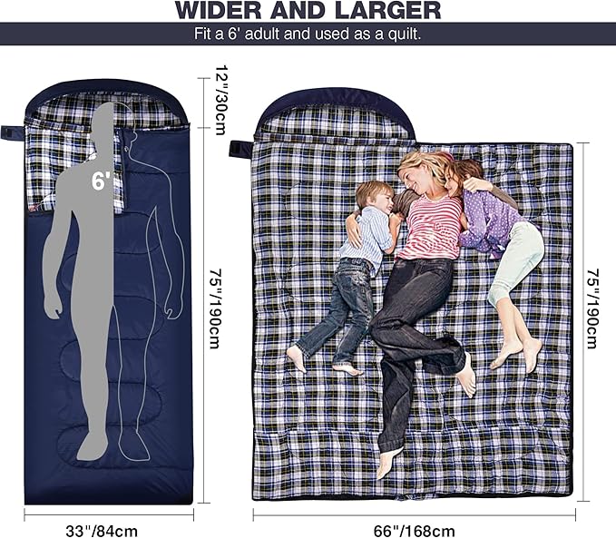 REDCAMP Flannel Sleeping Bag for Adults, Comfortable Cotton Sleeping Bags for Camping with Detachable Hood, Red/Grey/Blue/Black