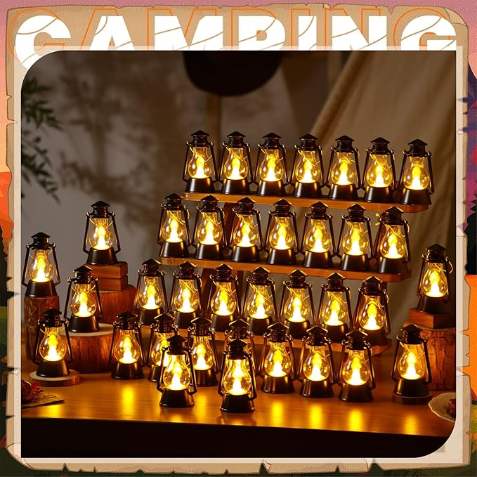 Ferraycle 36 Pcs Mini Lantern for Centerpiece Western Wedding Decor 4 Inch Camping Decorative with LED Candle Vintage Hanging Lantern Ornaments Bulk for Cowboy Cowgirl Xmas Party Decoration (Black)