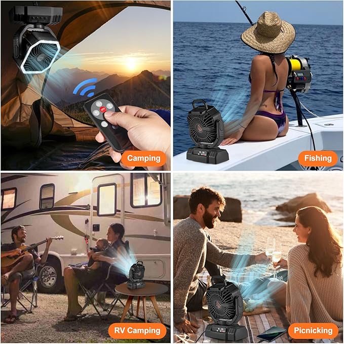Odoland Portable Camping Fan with LED Lantern, 20000mAh Rechargeable Battery Powered Fan with Auto Oscillation, Timer, Remote, 360° Rotation Hook, 4 Speeds for Power Outage Travel Home,Black