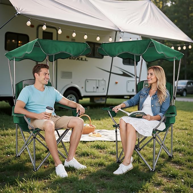Northroad Folding Camping Chairs with Canopy Shade, Beach Chair w/Cup Holders, Armrests & Carry Bag for Outdoors Travel Sports Fishing, Green