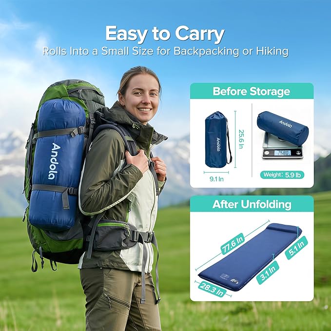 Memory Sleeping Pad, 3.1" Ultra-Thick Foam Sleeping Mat for Camping, Self-Inflating Sleeping Pad with Pillow, Quiet & 9.5 R-Value, 4-Season Camping Mattress Pad for Tent Car Travel (Dark Blue)