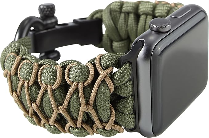 Savior Survival Gear Paracord Watch Band, Compatible with Apple Watch Band 49mm 46mm 45mm 44mm 42mm - iWatch Band Series Ultra 10 9 8 7 6 5 4 3 2 1 SE – Adjustable strap for men (Green - Khaki, Large)