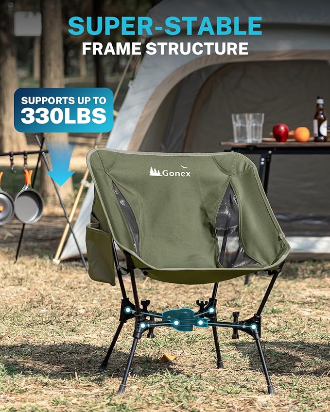 Gonex Portable Camping Chair, The 5th Gen Ultralight Compact Backpacking Foldable Lightweight Folding Chair for Outdoor Camp Hiking Beach Picnic Concert, Supports 330lbs (Army Green, 1 PCS)