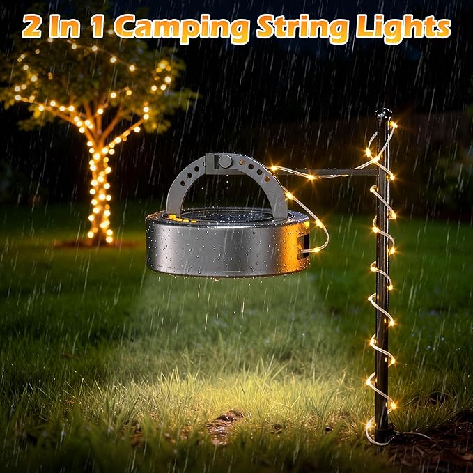 5200 mAh Solar Camping String Lights, Portable Warm White Fairy String Light, 33FT 4-in-1 Waterproof Hanging String Lights, USB-C Rechargeable Phone Charger for Christmas Decor, Patio, Party