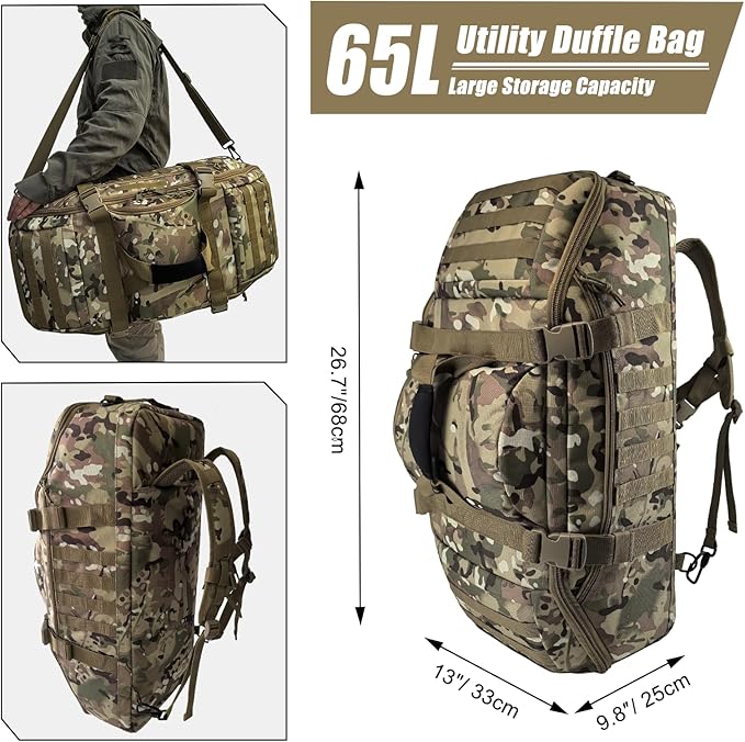 Hannibal Tactical 65L Large Duffle Bag, 3-in-1 Tactical Backpack MOLLE Pack for Sports, Gym, Outdoor, CP