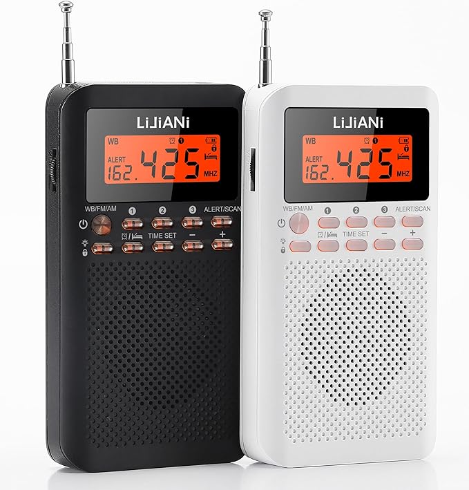 Pocket Weather Radio NOAA/AM/FM Powered by 2 AA Emergency Portable Transistor with LCD Display Digital Alarm Clock Sleep Timer, Best Reception Longest Lasting,Built in Speaker,Button Backlight Design