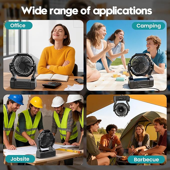 Fentara2 24000mAh Rechargeable Camping Fan with LED Light & Power Bank, Battery Powered Portable Travel Fan for Outdoor, Fishing, Hurricane Emergency, Ideal Gift for Men Dad Him, Black