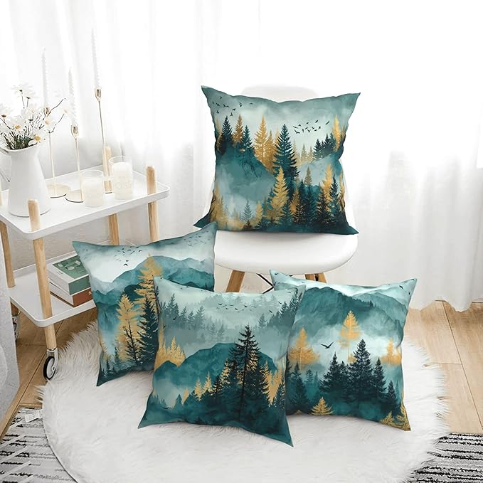 Green Mountain Throw Pillow Covers 18 X 18 Inch Set of 4 Decorative Cushion Cover Home Decor for Sofa Chair Couch Bedroom Living Room