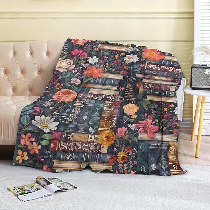 Vintage Book Fleece Blanket - 40x50in Colorful Flower Retro Throw Blankets,Soft Cozy Lightweight, Ideal for Living Room Home Rustic Decor and Kids Women Girls Spring Gifts
