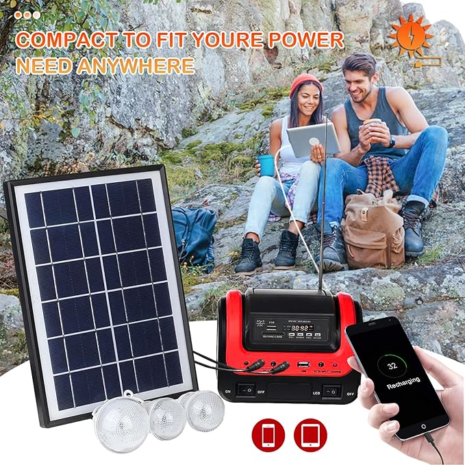 Solar Generator,Portable Power Station with Solar Panel Included,LiFePO4 Battery Mini Portable Generator with DC/USB Outlets,Quiet Generators LED Flashlight for Home Use, Camping(Red)