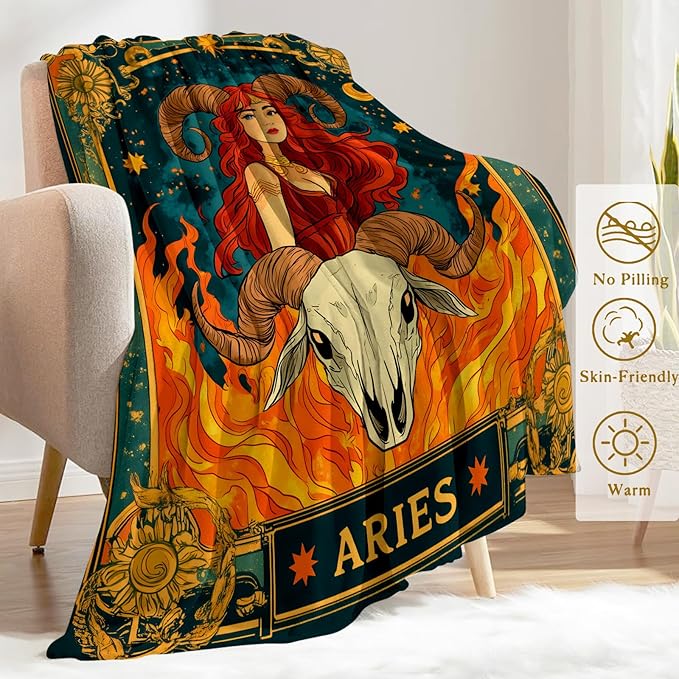 Aries Zodiac Fleece Blanket - Lightweight Soft Cozy Gifts Throw for Zodiac Lovers,Women,Men,Red-Haired Warrior Ram's Skull Tarot Blankets,Home Room Modern Artistic Bold Decor 40x50in