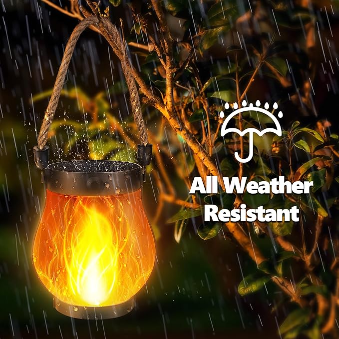 iBaycon 2 Pack Solar Lanterns Lights, Flickering Flame Garden Lights with 2 Modes Dual Charging USB & Solar, Outdoor Waterproof Hanging Lantern for Yard Patio Porch Decor (Warm White)