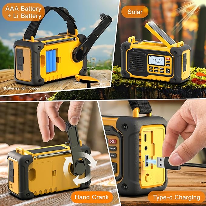Emergency Weather Radio, AM/FM/SW/NOAA Hand Crank Radio with 37000mWh/10000mAh Portable Large Capacity, USB/Solar/Hand Crank Charging, AAA Battery Operated, SOS Alarm & Flashlight (Yellow)