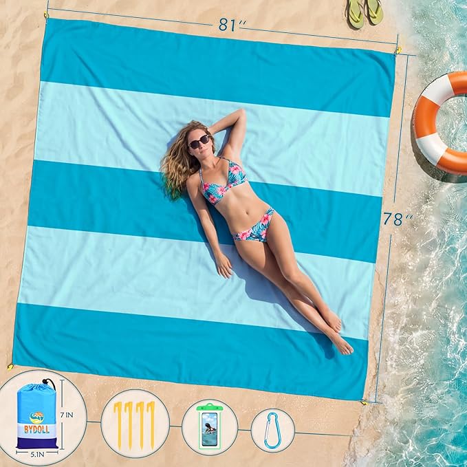 BYDOLL Beach Blanket 78''X81'' Waterproof Sandproof Suits1-4 Adults Oversized Lightweight Large Blanket Picnic Mat for Beach Sand Free Travel Camping Hiking Picnic
