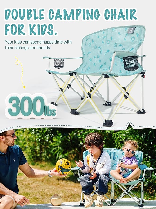 EVER ADVANCED Kids Double Camping Chair, Foldable Loveseat for Siblings & Twins with Cup Holders, Padded Kid Chair with Mesh Pocket, Portable Outdoor Sofa for Beach, Playroom, Supports 300lbs, Green