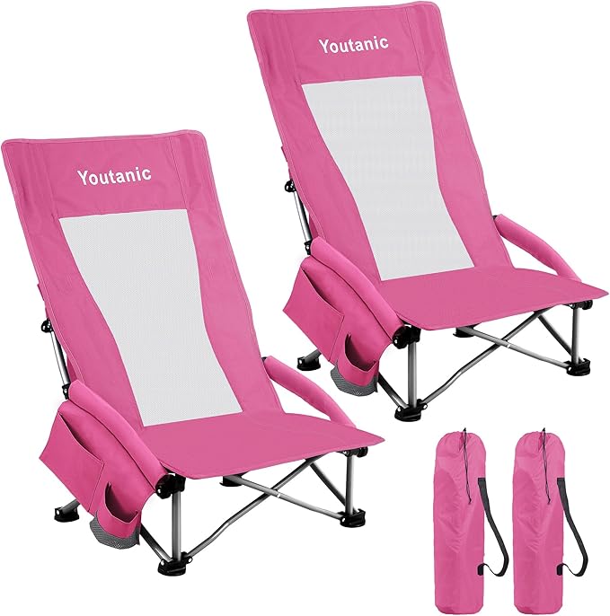 Youtanic High Back Beach Camping Chair 2 Pack, Extra Wide Folding Outdoor Chair with Cooler Bag, Breathable Mesh & Dual-Use Pillow, Portable Lounge Seat for Adults, Sand, Sports, Picnic, Pink