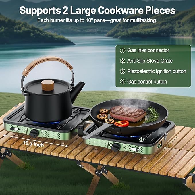 Portable Camping stove, 2 Burner Foldable Camping Stove with Griddle and Carrying Bag & Hose, 8600BTU Portable Propane Camp Stove with Ignition & 2 Adjustable Burners,for Camping Tailgating BBQ Grill