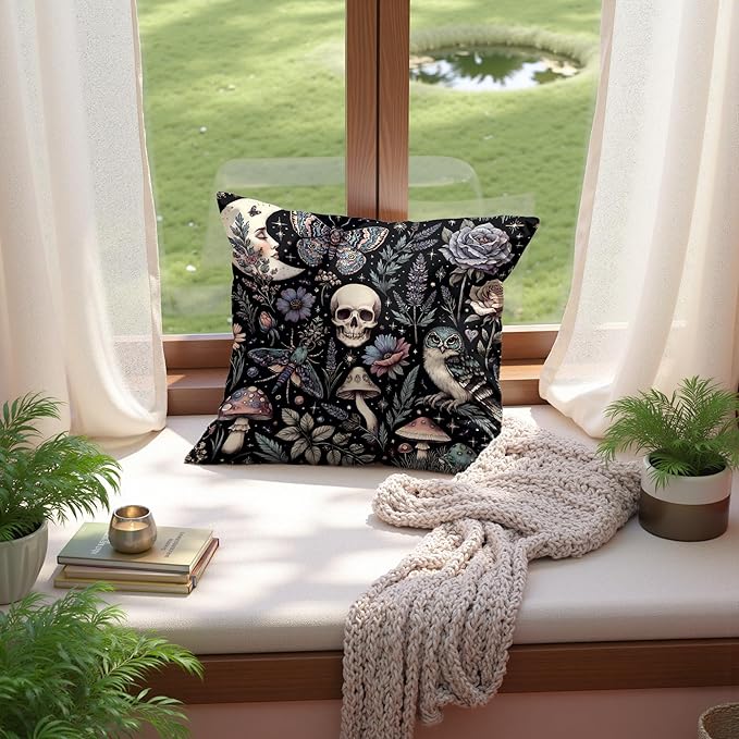 Dark Academia Witchy Gothic Skull Mushroom Owl Moth Moon Pillow Cover 18x18, Dark Cottagecore Floral Botanical Night Garden Decorative Throw Pillow Cover for Home Bedroom Living Room Sofa Couch