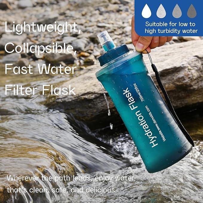 GUYI 700ml Collapsible Water Filter Bottle, Removes Impurities, BPA Free, Ultralight for Hiking, Camping, Cycling & Travel-Dusty Blue