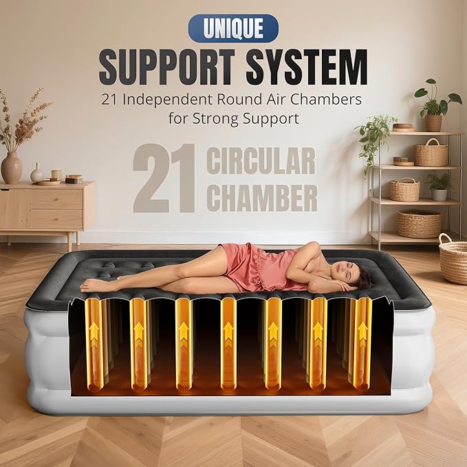KNZZO Twin Air Mattress with Built-in Pump, 18" Top Inflatable Mattress with Waterproof Flocking Fabric, Three-Minute Quick-Inflatable Bed. Portable Blow Up Mattress for Home, Outdoor and Guests