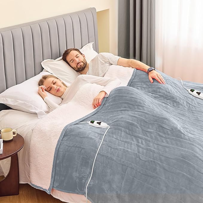 greenoak Heated Blanket Electric King Size 100"X90" Dual Control, Heating Blanket 10 Heat Levels 1/2/4/6/8 Hours Auto-Off, Soft Sherpa Warm Blanket, Dove Grey