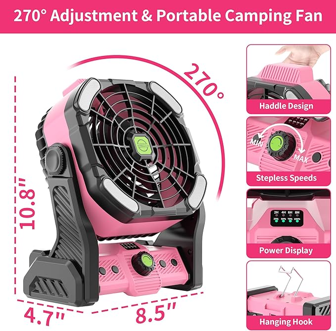 20000mAh Rechargeable Fan Battery Powered Operated,Portable Rechargeable Pink Camping Fan with LED Lantern,270°Rotation,USB Table Fan Pink Camping Accessories Battery Fans Portable