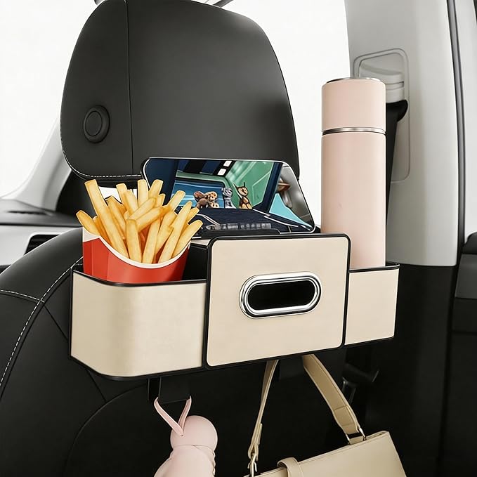 Amooca Back Seat Car Organizer, 4+2 in 1 Multifunctional Car Backseat Storage Box with 4 Cup Holders Tissue Box Hook, Car Interior Storage for Travel Phones Snacks Drinks(Beige)