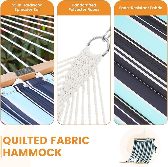 Lazy Daze Hammocks 2 Person Double Quilted Fabric Hammock with Spreader Bar, Detachable Pillow, Side Pocket, Carabiners, Chains, Straps for Outdoor, 450lbs Capacity, Aqua Navy