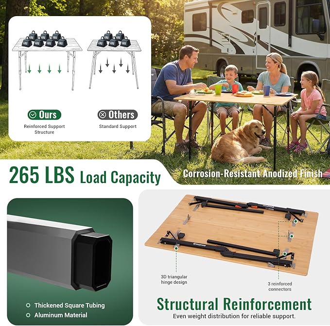 KingCamp 4-Fold Bamboo Camping Table with Serrated Adjustable Legs (16.5" to 27.6"), Heavy-Duty Aluminum Frame & Carry Bag for Outdoor, RV, Picnic, Beach